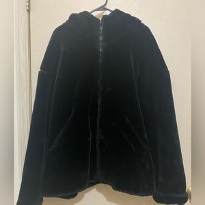 Vintage Faux Fur - Black Hooded Zip Up Coat